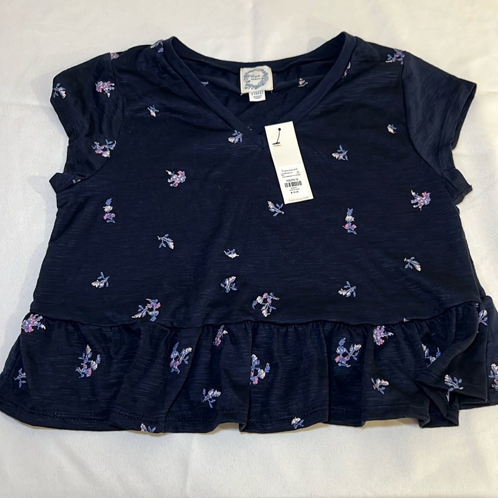 NWT blue rain t-shirt with embroidered flowers v-neck girls size 12